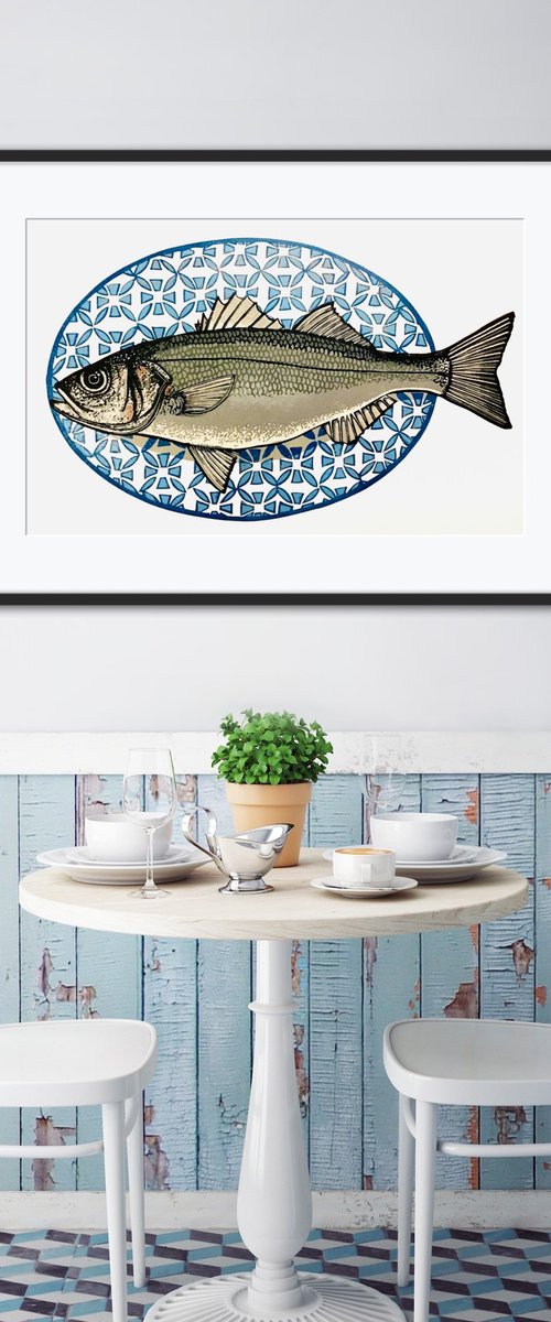 Sea bass linocut print - nine colours by Ieuan Edwards