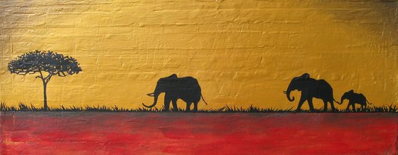 original elephant abstract landscape "elephants of the sudan" africa animal painting art canvas - 120 x 50 cm/ 48 x 20"