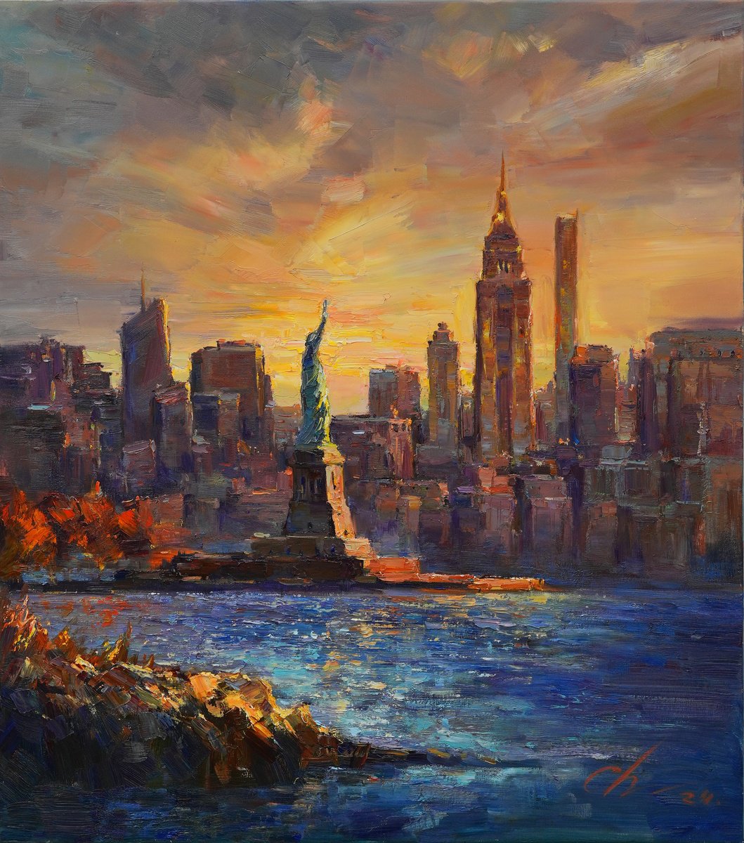 Impressionistic Cityscapes Oil Painting By Serhii Cherniakovskyi, 31 X 35", Symbol Of Freedom, Original Artwork