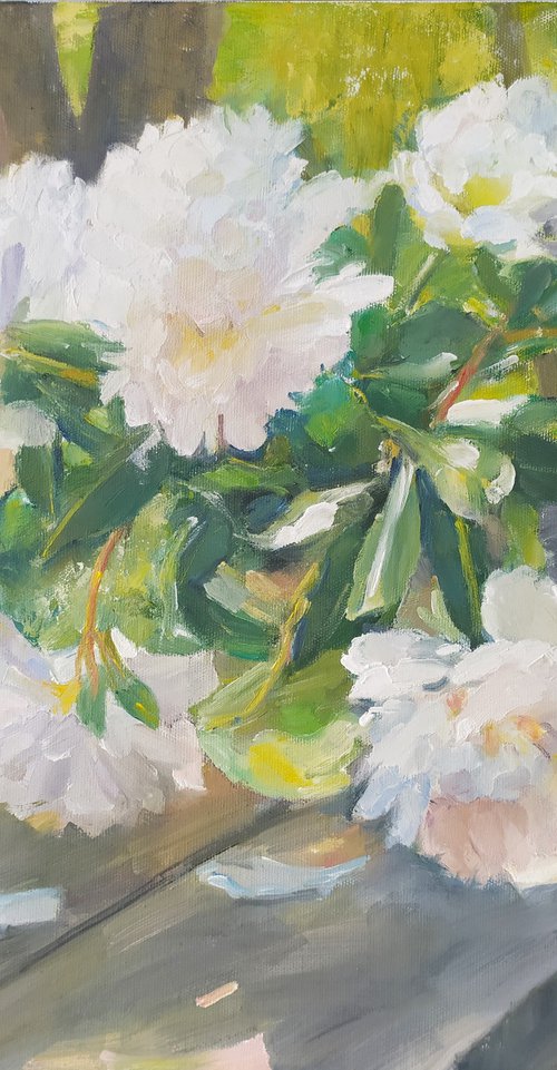 Peonies on the bench by Valentina Andrukhova