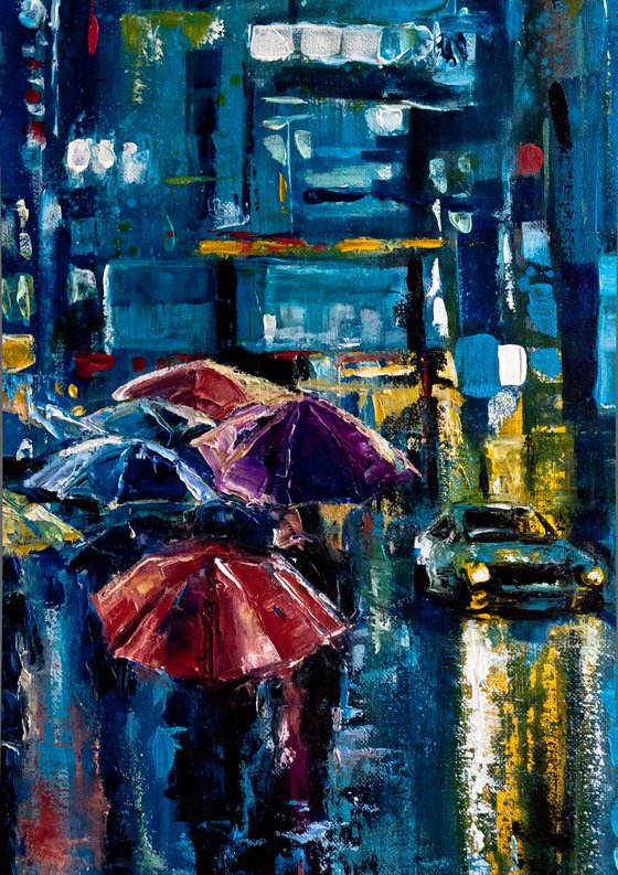 "Street of the night city" , people with umbrellas