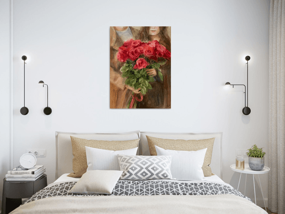 Date Red Roses Lovers Original Watercolor Painting large size Christmas gift Anniversary