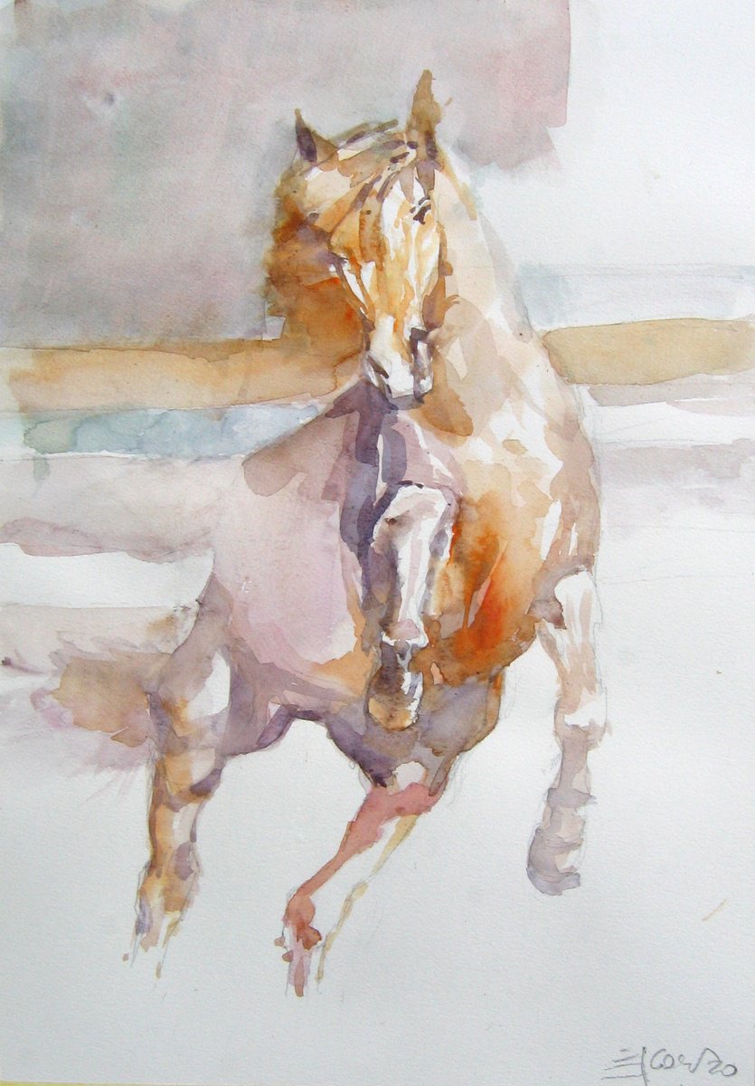 Expressive Animal Watercolour By Goran Zigolic Watercolors, 14 X 20, Prancing Horse In Orange, Original Artwork