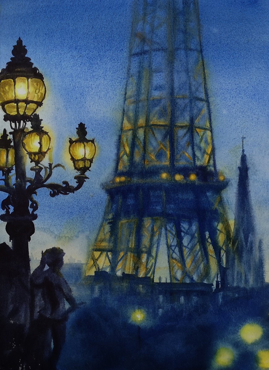 Paris Eiffel Tower seen from the Alexander III Bridge at night by Olga Beliaeva Watercolour