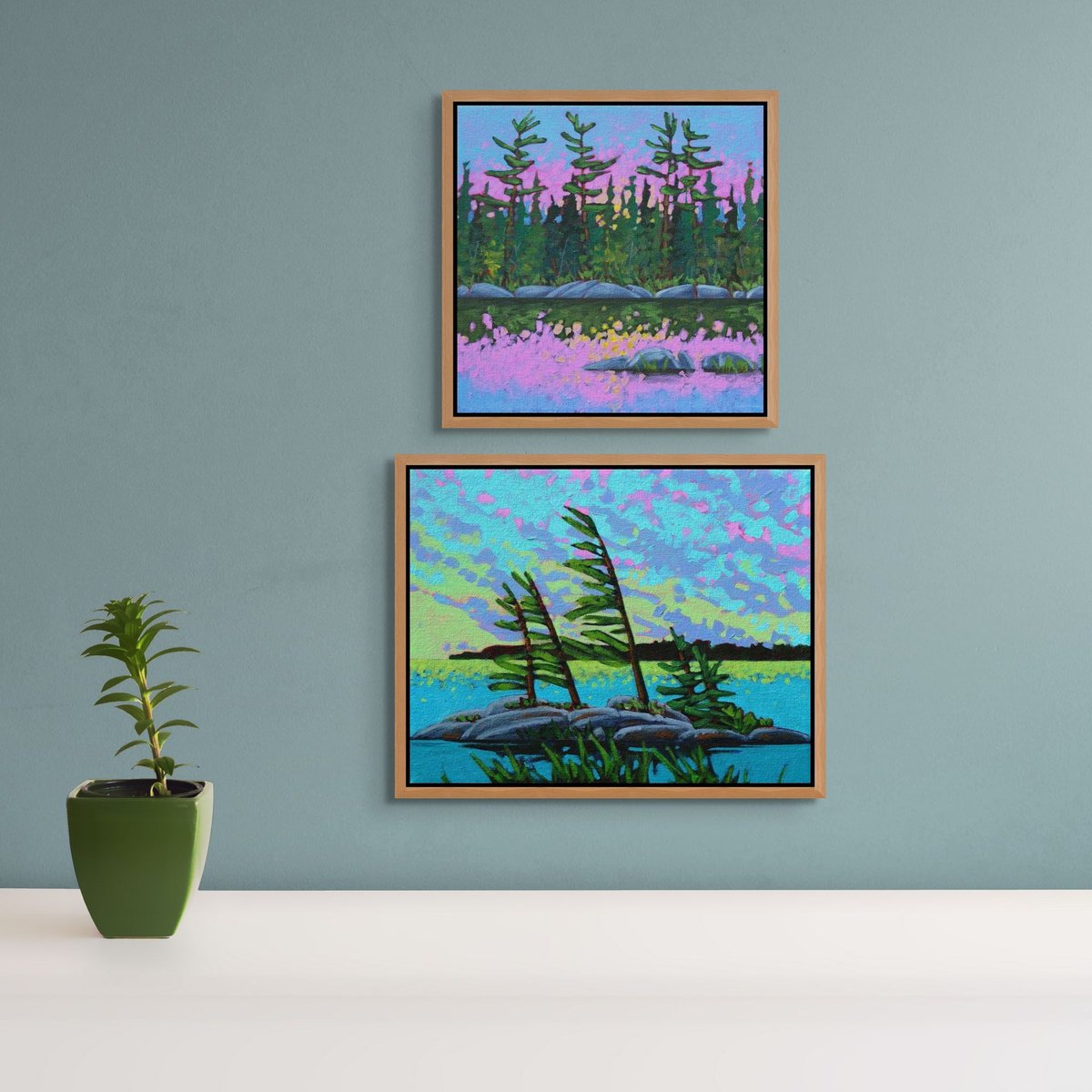 Lake Paintings, Set Of Two By Sage Mountain Studio, 12 X 12, Artwork For Sale On Artfinder