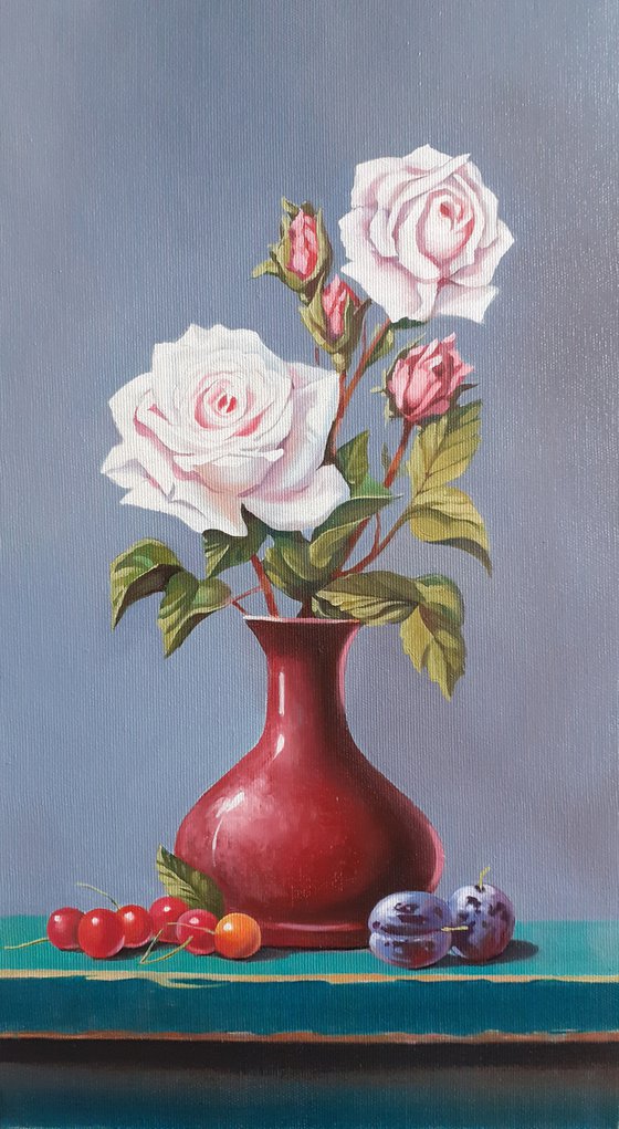 Still life with roses(25x45cm, oil painting, ready to hang)