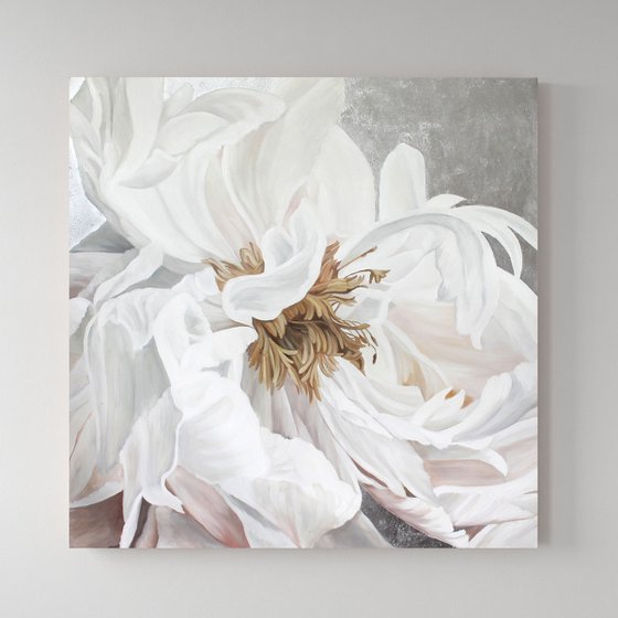 "Silver silk flowers 3" White peonies art