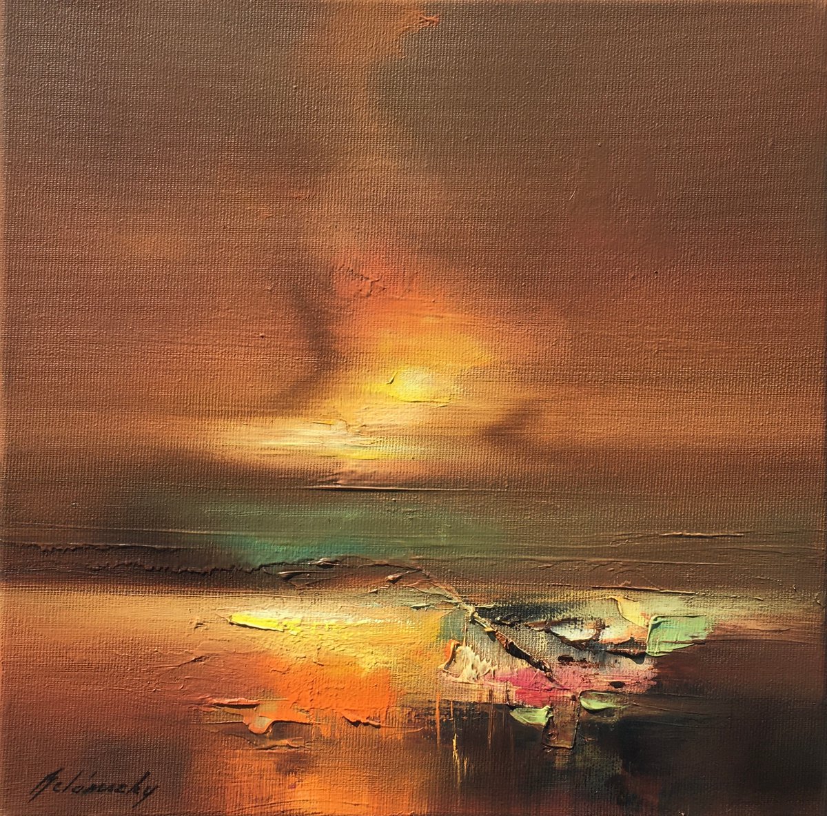 Impressionistic Landscape Oil Painting By Beata Belanszky Demko, 12 X 12, Green Lake, Original Artwork