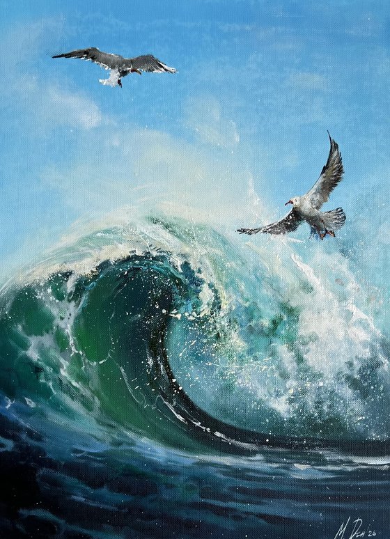 Ocean Wave With Seagulls