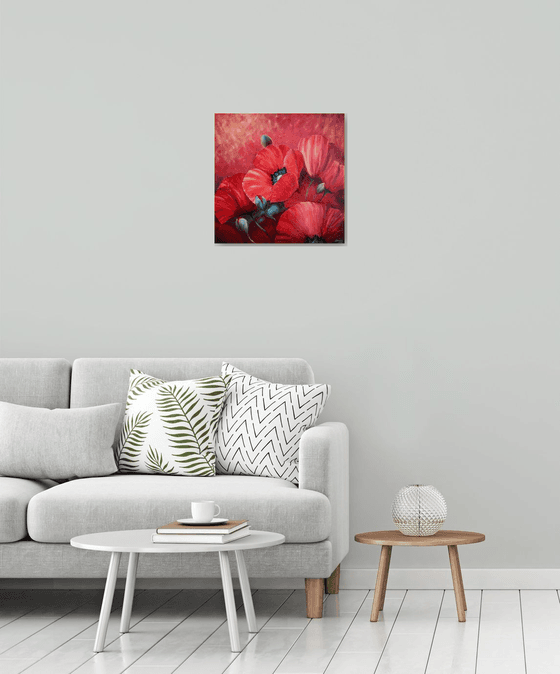 Poppies - oil painting, original gift, home decor, Flowering, Spring, Leaves, Red, Sexy, poster, Bedroom, Living Room