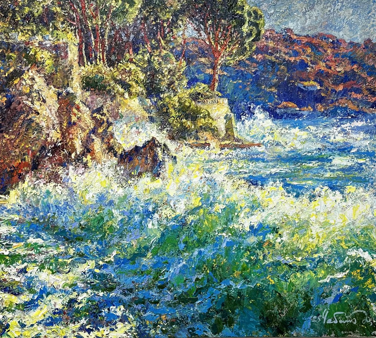 Impressionistic Landscape Oil Painting By Andrii Chebotaru, 39 X 35, Radiance Of The Azure Wave, Original Artwork