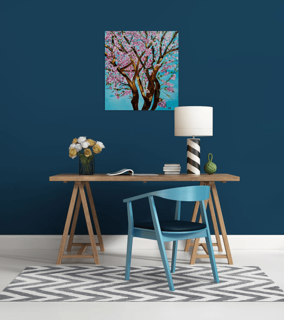 CHERRY  blossom , spring in London white, pink, turquoise 62x66cm ready to hang oil painting