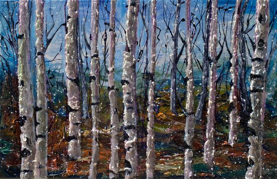 Winter landscape with  Birch Trees -   Impasto Original Painting  (palette knife)