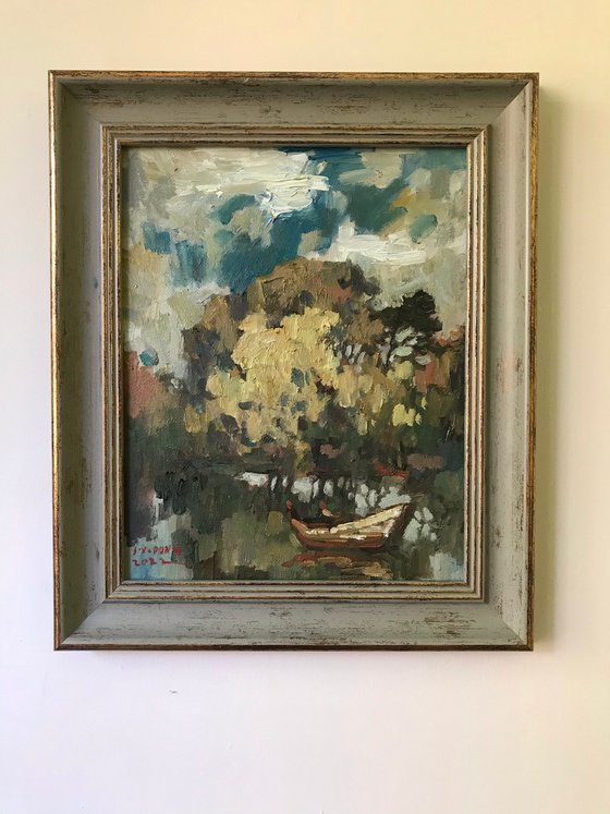 Original Oil Painting Wall Art Signed unframed Hand Made Jixiang Dong Canvas 25cm × 20cm Landscape Mesopotamia Riverside Oxford Small Impressionism Impasto