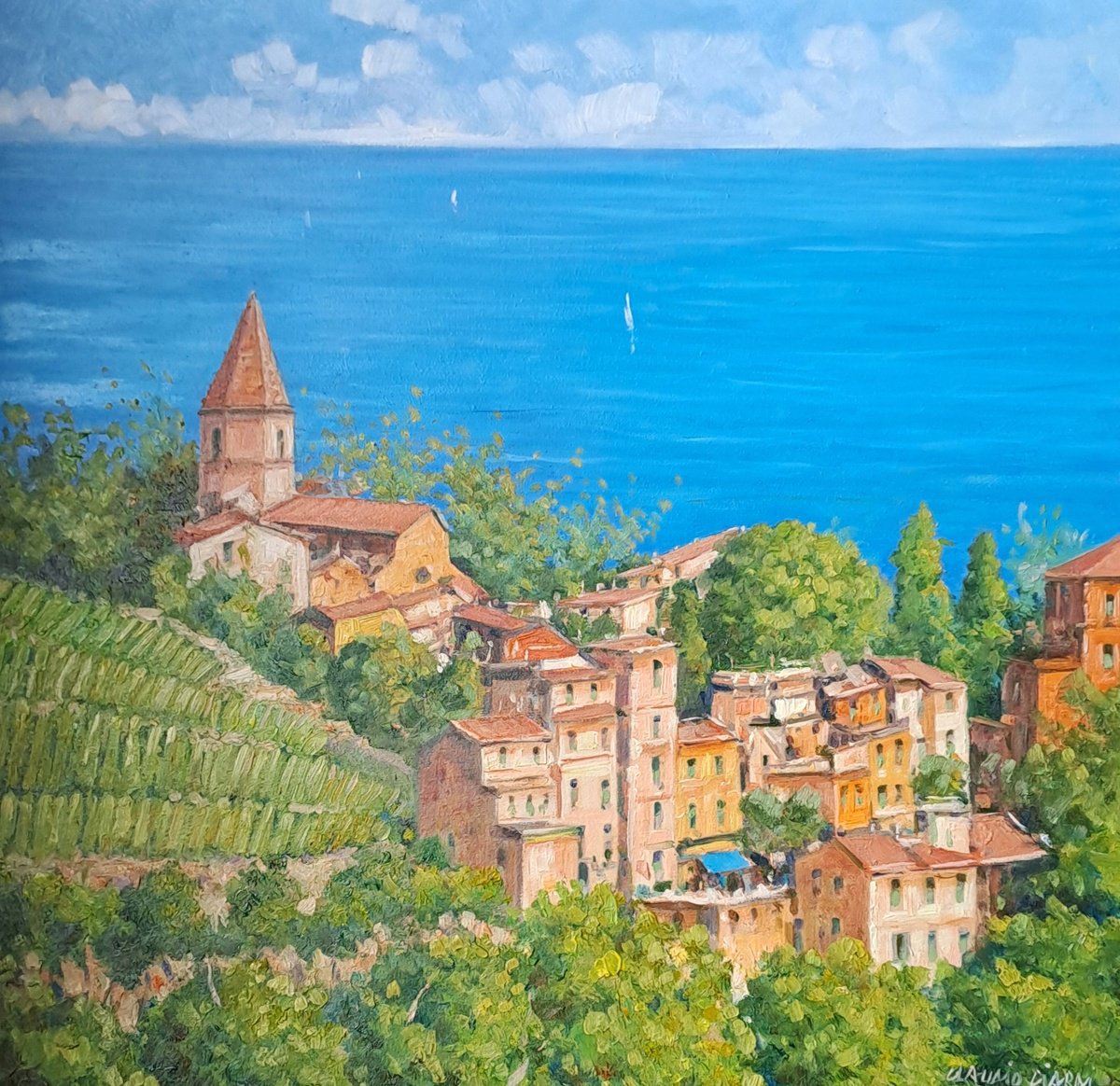 Impressionistic Cityscapes Oil Painting By Claudio Ciardi, 12 X 12, Corniglia Cinque Terre, Original Artwork