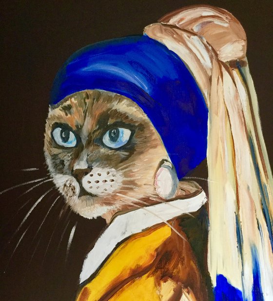 Siamese Cat with the pearl earring. Feline art. Blue eyes. Gift idea for cat lovers