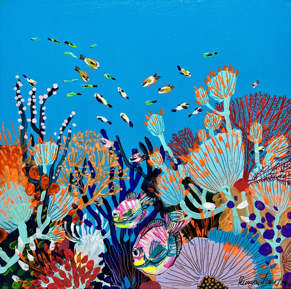 Organic Abstract Acrylic Painting By Irina Rumyantseva, 16 X 16, Underwater Life 2, Original Artwork