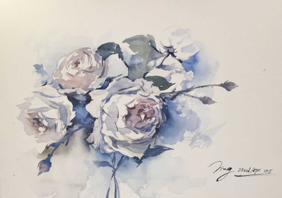 Impressionistic Botanical Watercolour By Jing Chen, 15 X 11, Blues, Original Artwork