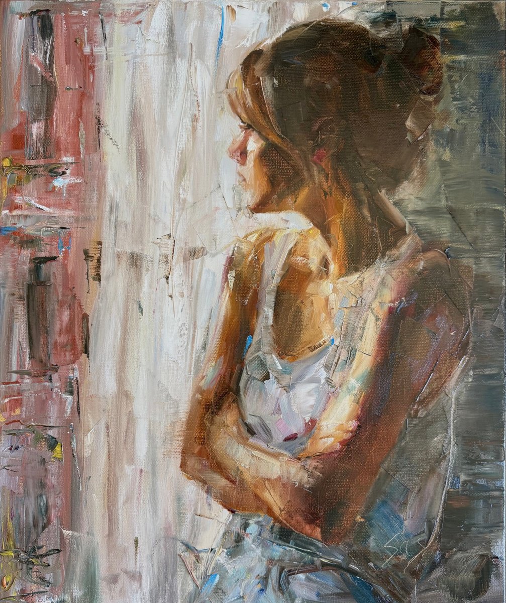 Expressive Portrait Oil Painting By Liubou Sas, 20 X 24", Woman At The Window, Original Artwork