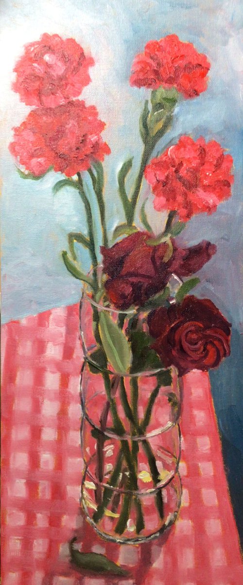Red roses and carnations, an original oil painting. by Julian Lovegrove Art
