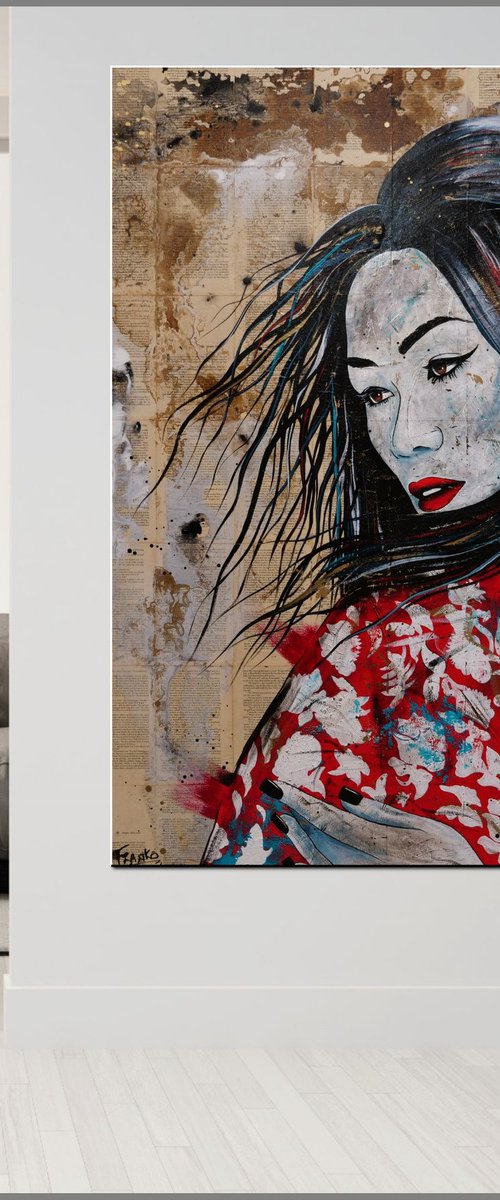 Cherry Cherry Geisha 120cm x 150cm Japanese Geisha Book Page Urban Pop Art by Franko