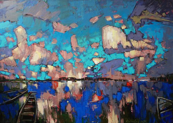 Mirror of water, boats in the clouds