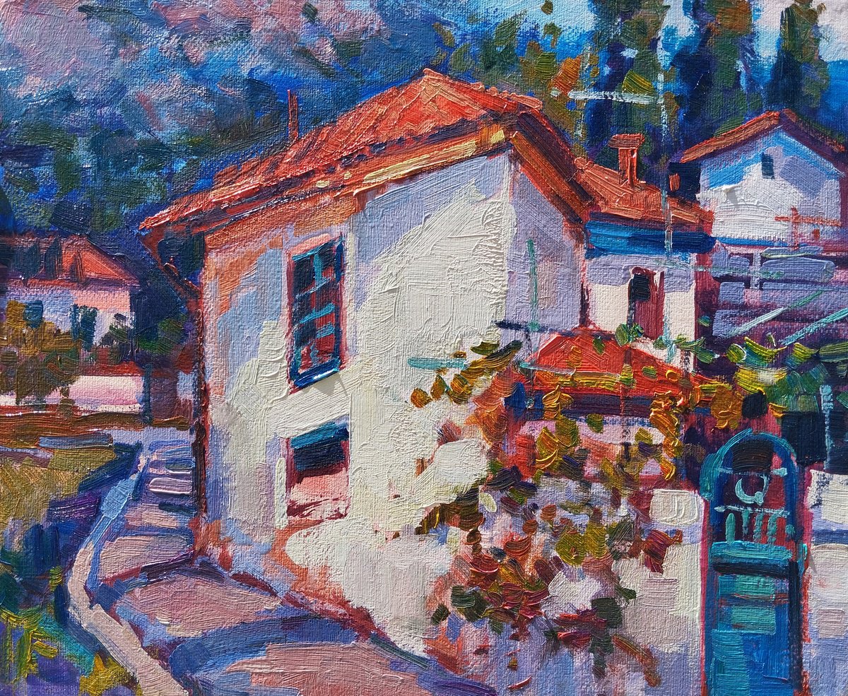 Impressionistic Landscape Oil Painting By Narek Qochunc, 12 X 9", Glimpse Into Rural Tranquility, Original Artwork