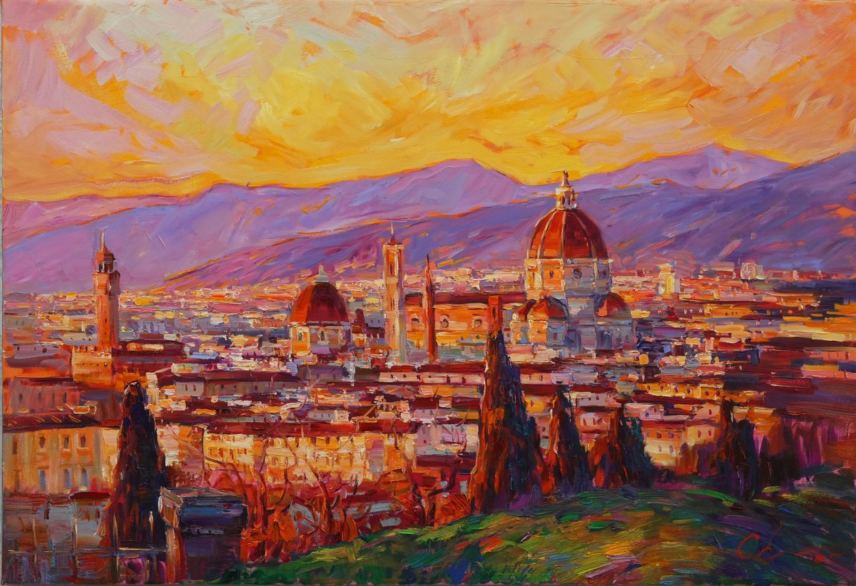 Impressionistic Cityscapes Oil Painting By Serhii Cherniakovskyi, 43 X 30", Warm Evening In Florence, Original Artwork