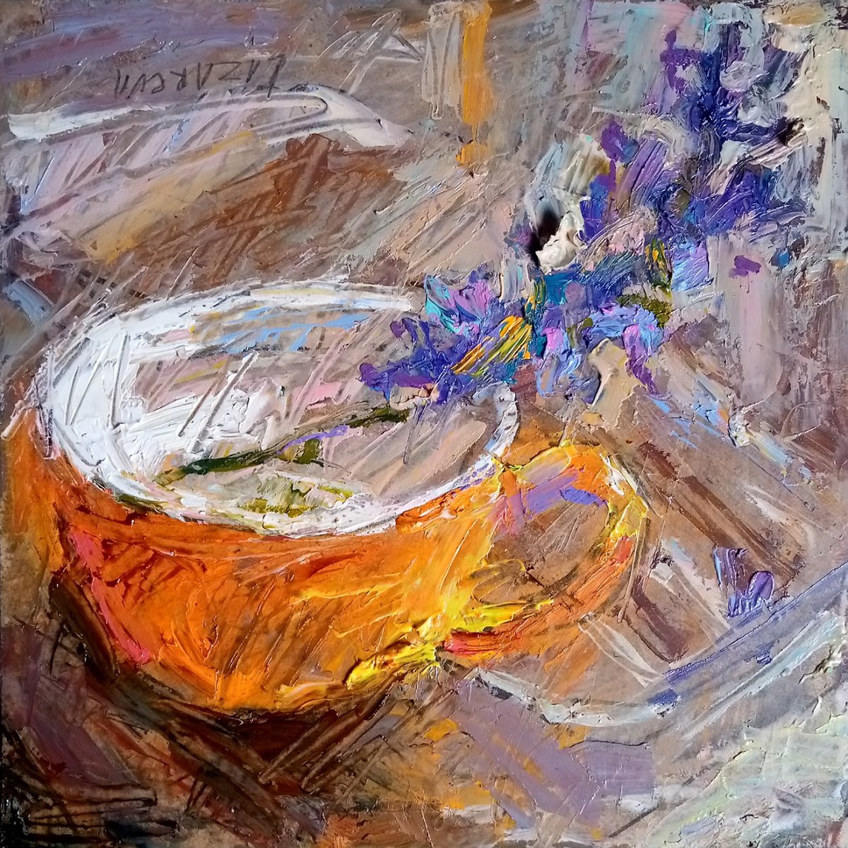 Yellow cup & violet flower by Valerie Lazareva