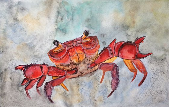 Animal original painting - Red Crab mixed media watercolor - Nautical wall art - Gift idea