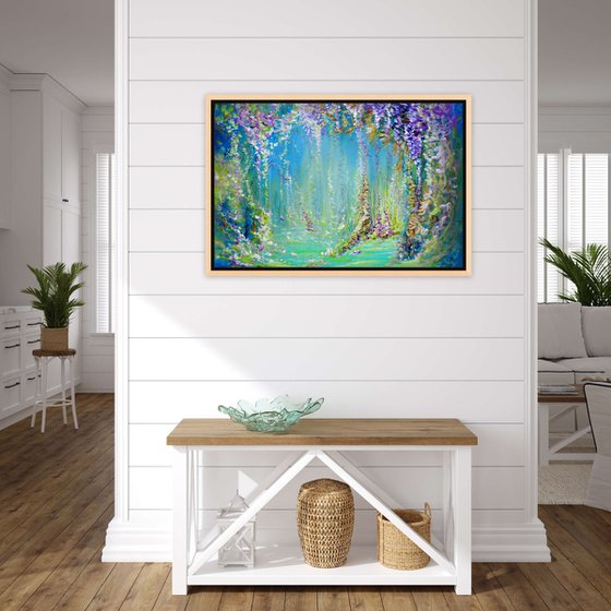 Abstract Landscape "Magic Forest" Painting. Floral Abstract Tropical Flowers and Birds. Original Blue Teal Green Painting on Canvas. Modern Impressionism Art