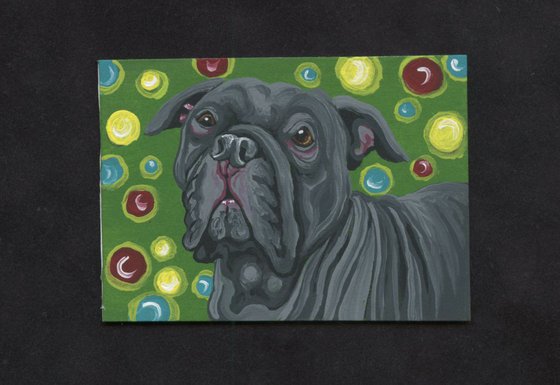 ACEO ATC Original Painting Christmas Lights Pit Bull Pet Dog Art-Carla Smale