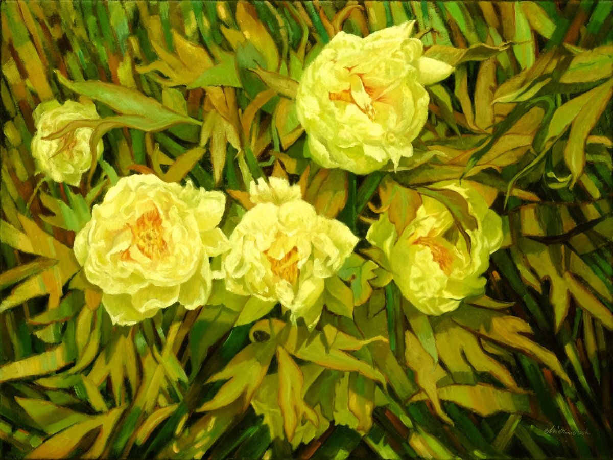 Impressionistic Botanical Oil Painting By Richard Mierniczak, 31 X 24", Mainau Garden 3. - Peonia, Original Artwork