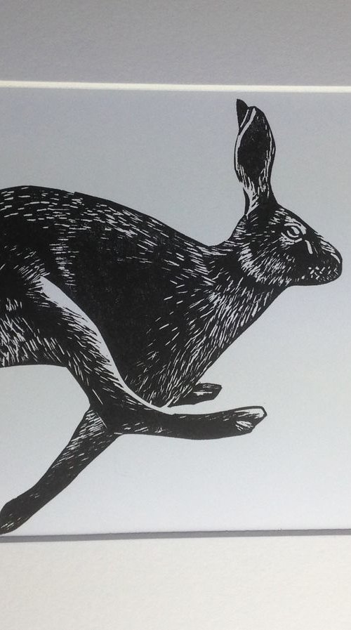 Running Hare Linocut, Printed in Dark Brown (nearer to Black), Mounted by Alex Jabore
