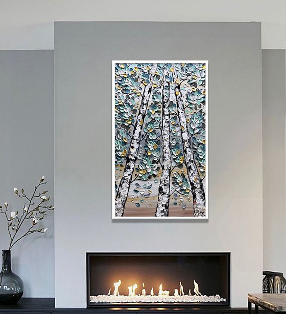 Winter Dream - 3D Textured Fall Gold Blue Birch Trees Landscape Painting on Canvas, Original Abstract Nature Textured Tree Painting - SIZE: 40 X 24 INCHES (100 X 60 CM)