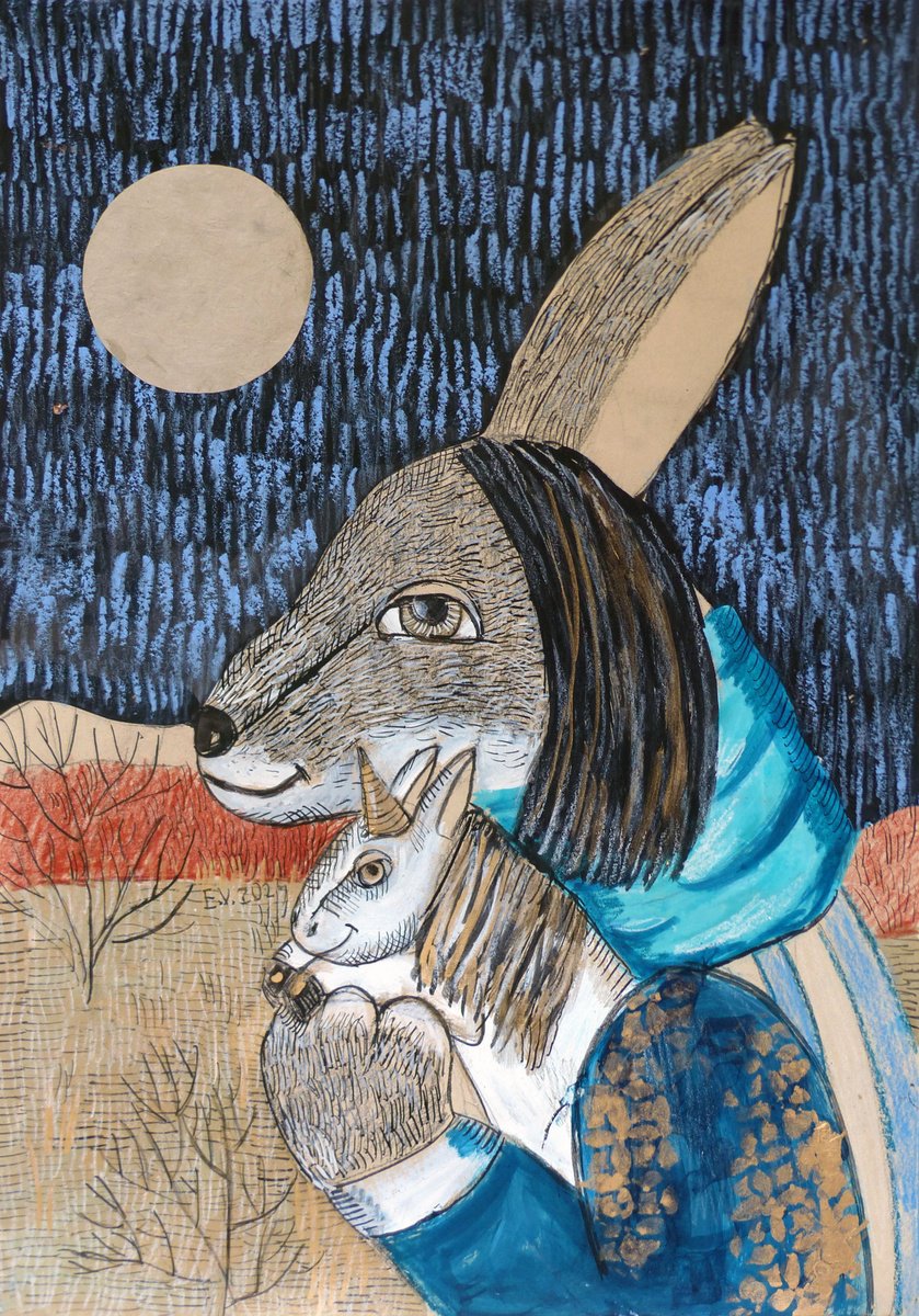 Surrealistic Animal Painting By Elizabeth Vlasova, 12 X 17, Walks By Moonlight, Original Artwork