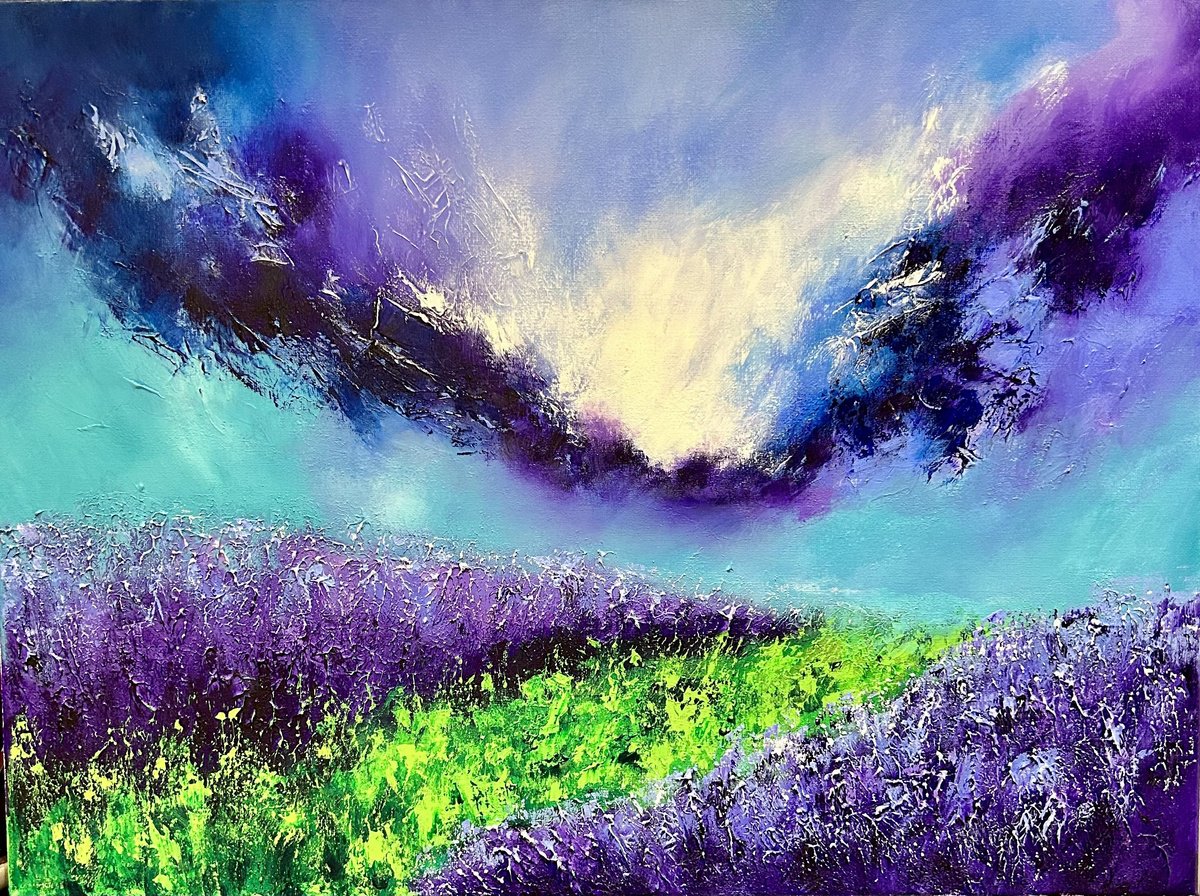 Impressionistic Landscape Acrylic Painting By Yulia Allan, 28 X 22", Lavender Sky, Original Artwork