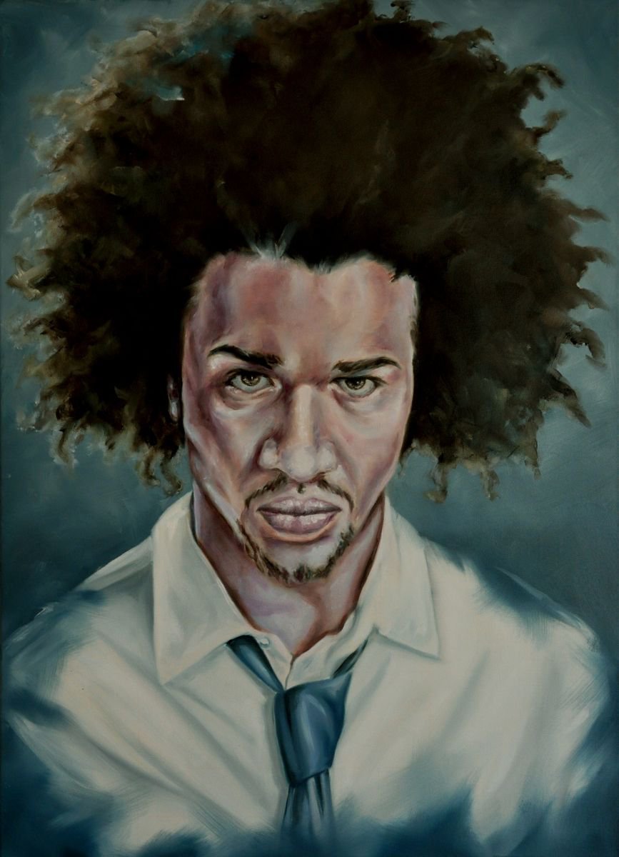 Photorealistic Portrait Oil Painting By Mullo Art, 26 X 35", Living In A Box, Original Artwork