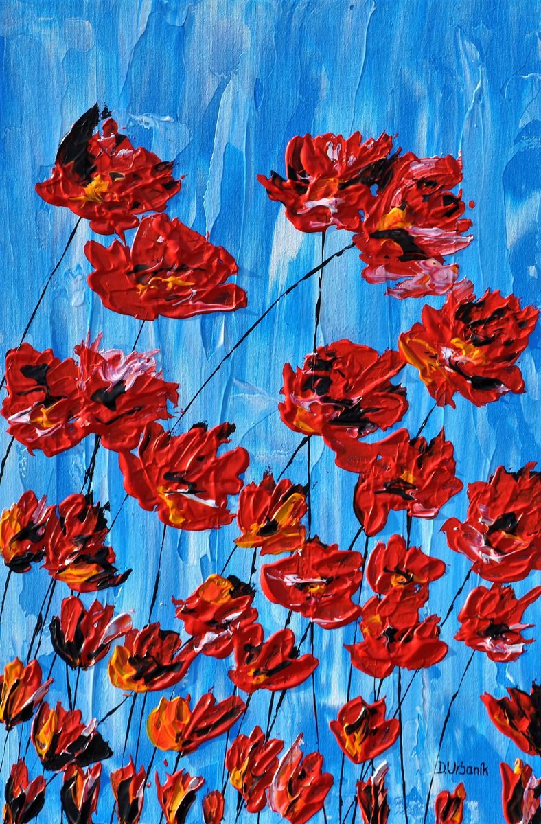 Impressionistic Botanical Acrylic Painting By Daniel Urbani?k, 16 X 24, Poppies On Blue, Original Artwork