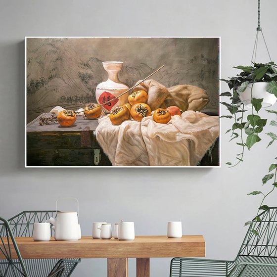 Realism still life painting:China with Persimmons c156