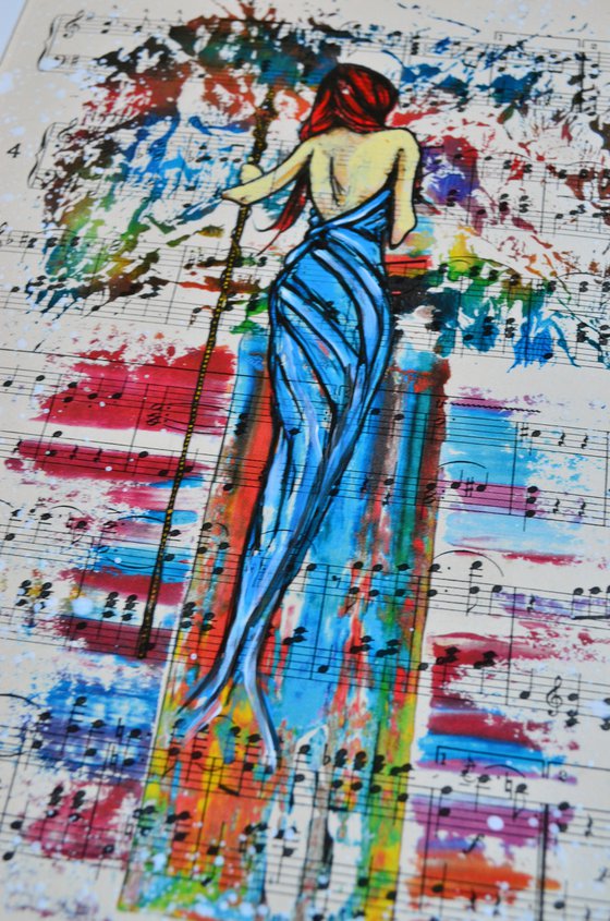 Girl In The Blue Dress - Collage Art on Real Vintage Sheet Music Page