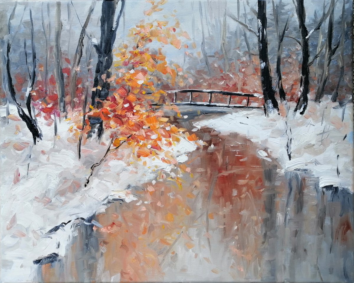THE AUTUMN KEEPER, 50x40cm, snow forest trees river landscape by Emilia Milcheva