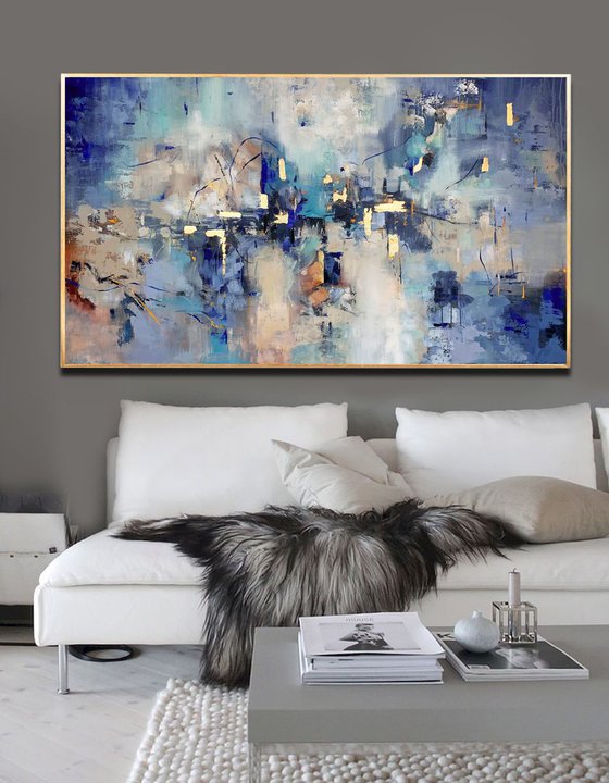 Indigo Clouds - Extra Large Oversize Abstract Painting 71" x 40" , Blue Grey Gold Leaf Soft Colors White Gray Painting