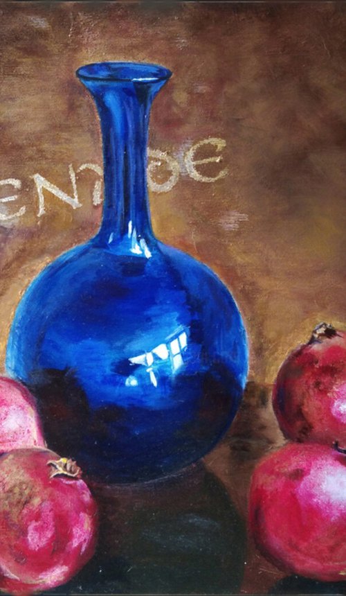 Still life with pomegranates and blue vase by Liubov Samoilova