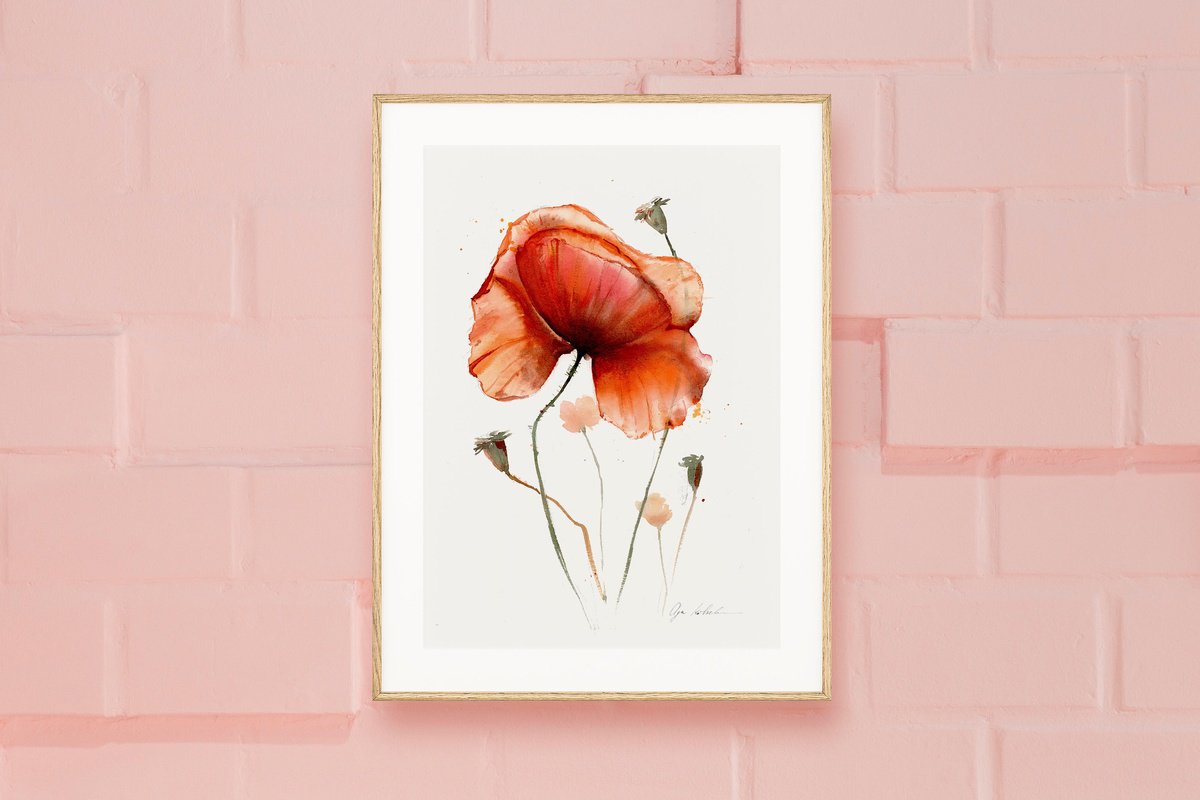 Impressionistic Botanical Watercolour By Olga Koelsch, 7 X 10", Watercolor Abstract Poppy, Original Artwork
