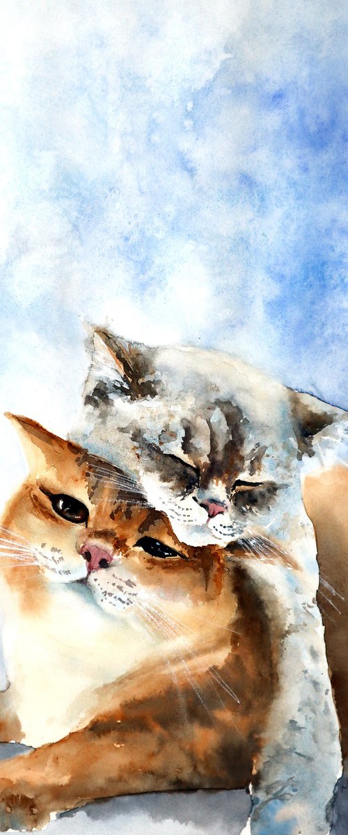 Sleepy Cats - Original Watercolor Painting by Yana Shvets