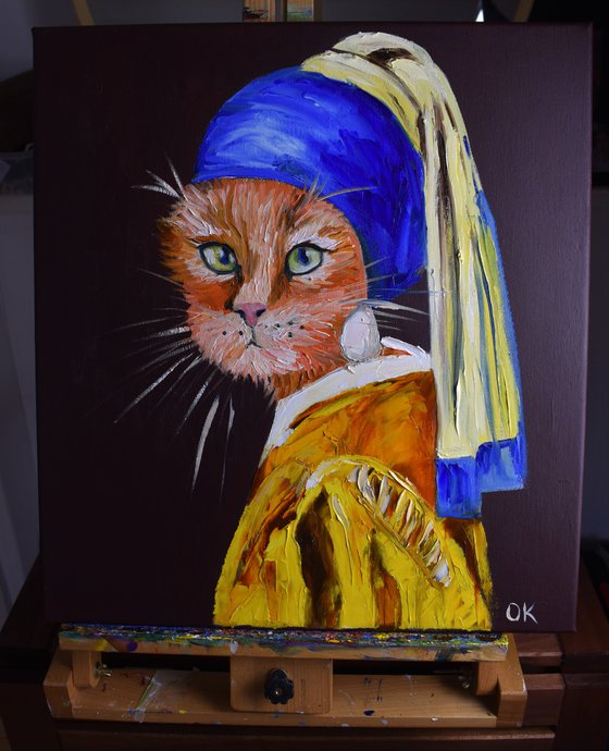 Cat with the pearl earring inspired by Vermeer painting feline art for cat lovers gift idea