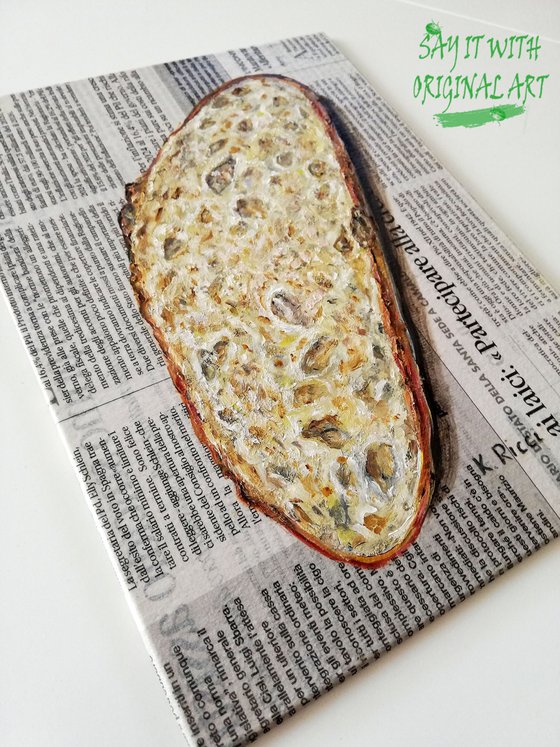 "Bread Slice on Newspaper " Original Oil on Canvas Board Painting 7 by 10 inches (18x24 cm)