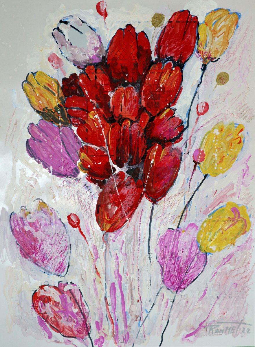 Impressionistic Botanical Acrylic Painting By Rakhmet Redzhepov, 16 X 21", Fantasy With Flowers 4., Original Artwork