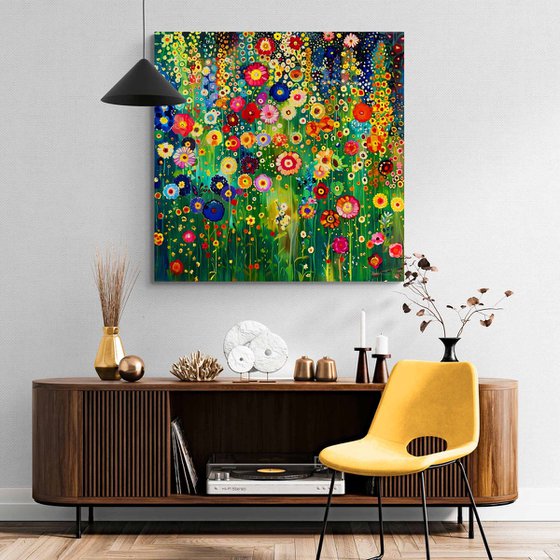 Klimt's garden. Colorful abstract floral painting with vivid flowers